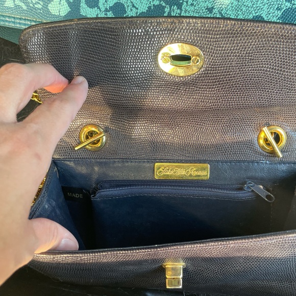 Saks Fifth Avenue Bag Lizard embossed Leather Gold Chain Purse, VINTAGE - Picture 7 of 11